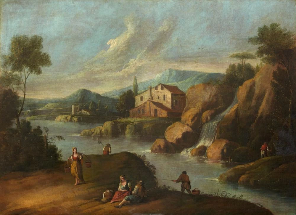 Paesaggio fluviale con figure e cascata